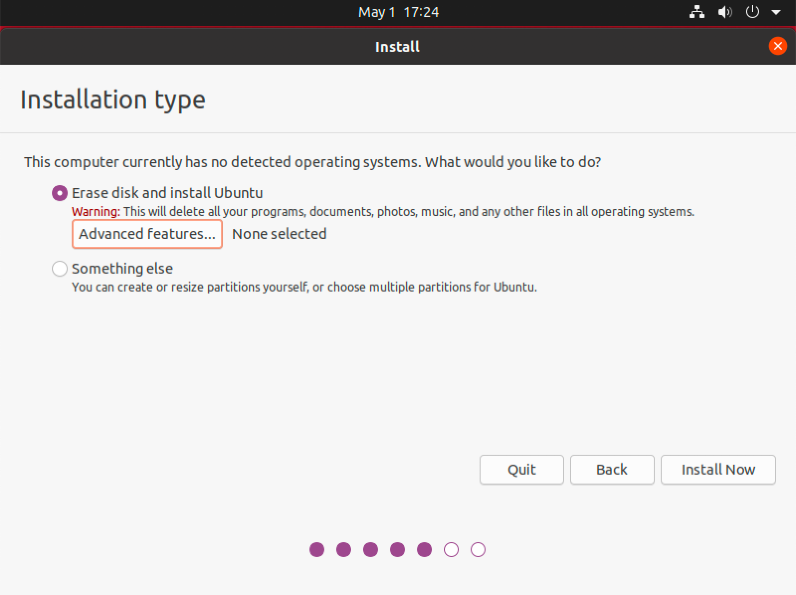 Install type. Erase disk and install ubuntu.